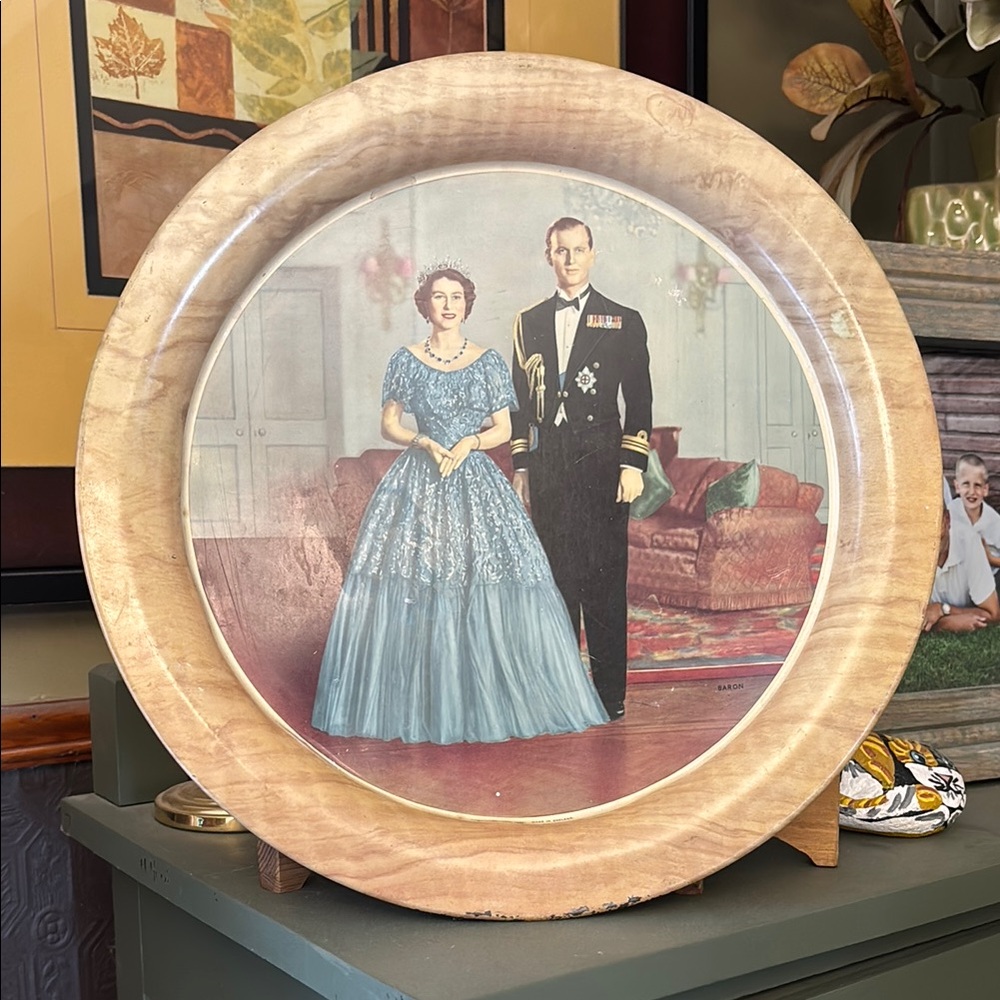 Vintage Metal Decorative Plate with Royal Portrait, in fair condition